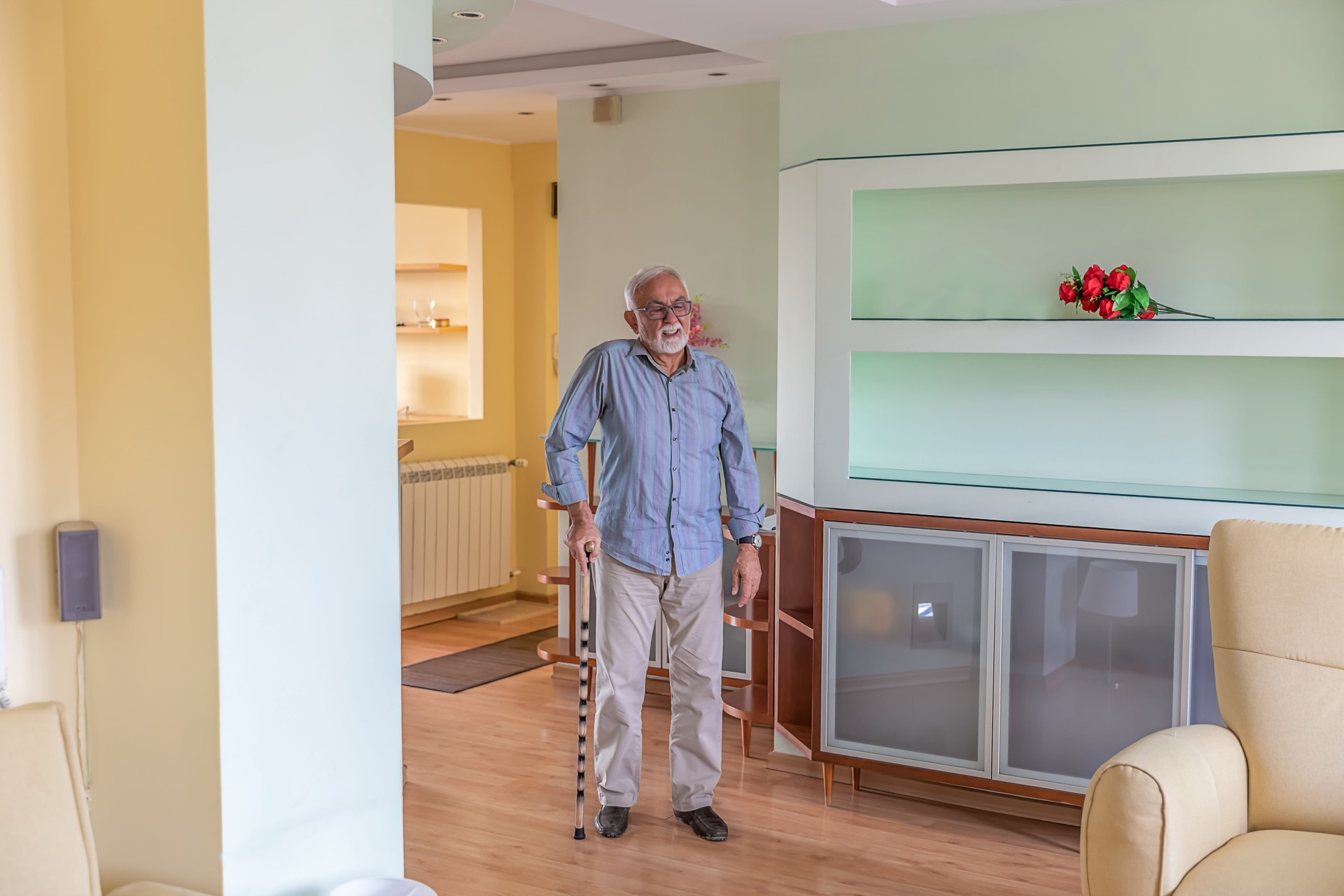 Portrait of a Depressed and Thoughtful Senior Man With Walking Cane.